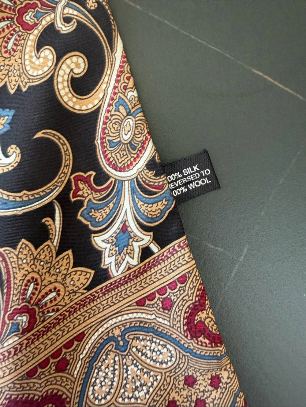 Black Paisley Silk-Feel Scarf with Gold & Red Accents